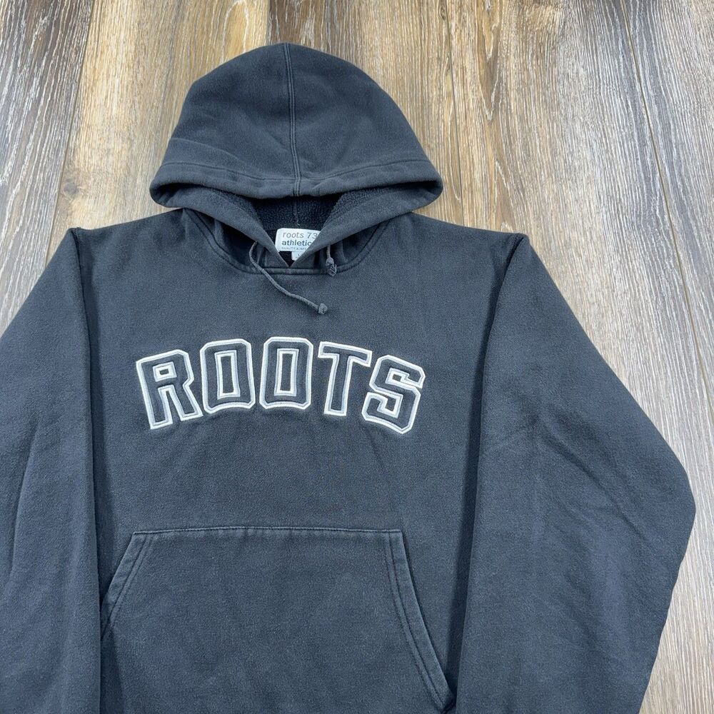 Vintage Roots Canada Hoodie Mens L Black Sweatshirt Spellout Logo Sweater